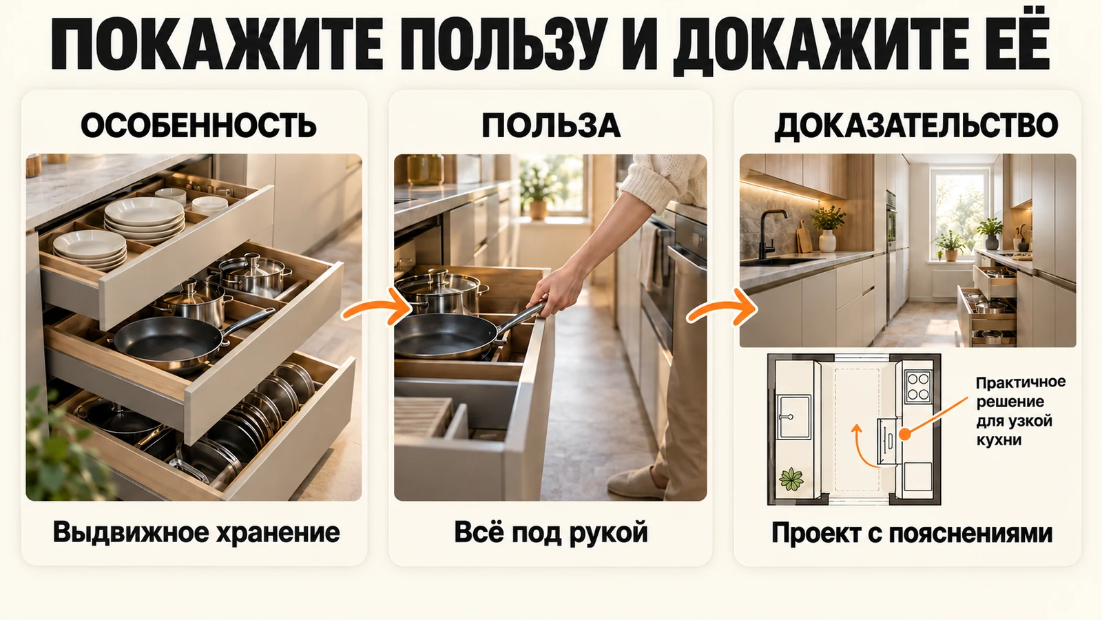 Учебный пример: выдвижное хранение как особенность, удобный доступ к посуде как польза и проект с пояснениями как доказательство