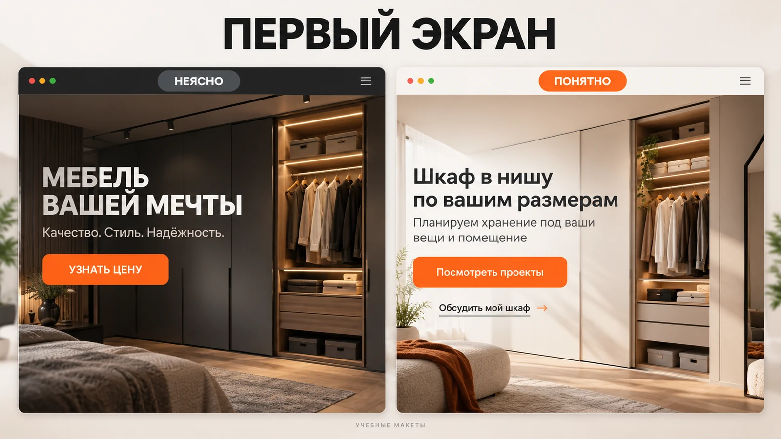 Сравнение первого экрана: абстрактный лозунг и конкретное предложение шкафа по размерам ниши