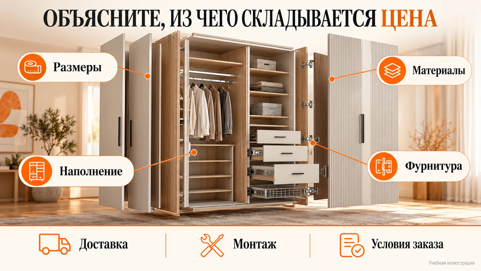 Факторы стоимости шкафа: размеры, материалы, наполнение, фурнитура, доставка, монтаж и условия заказа