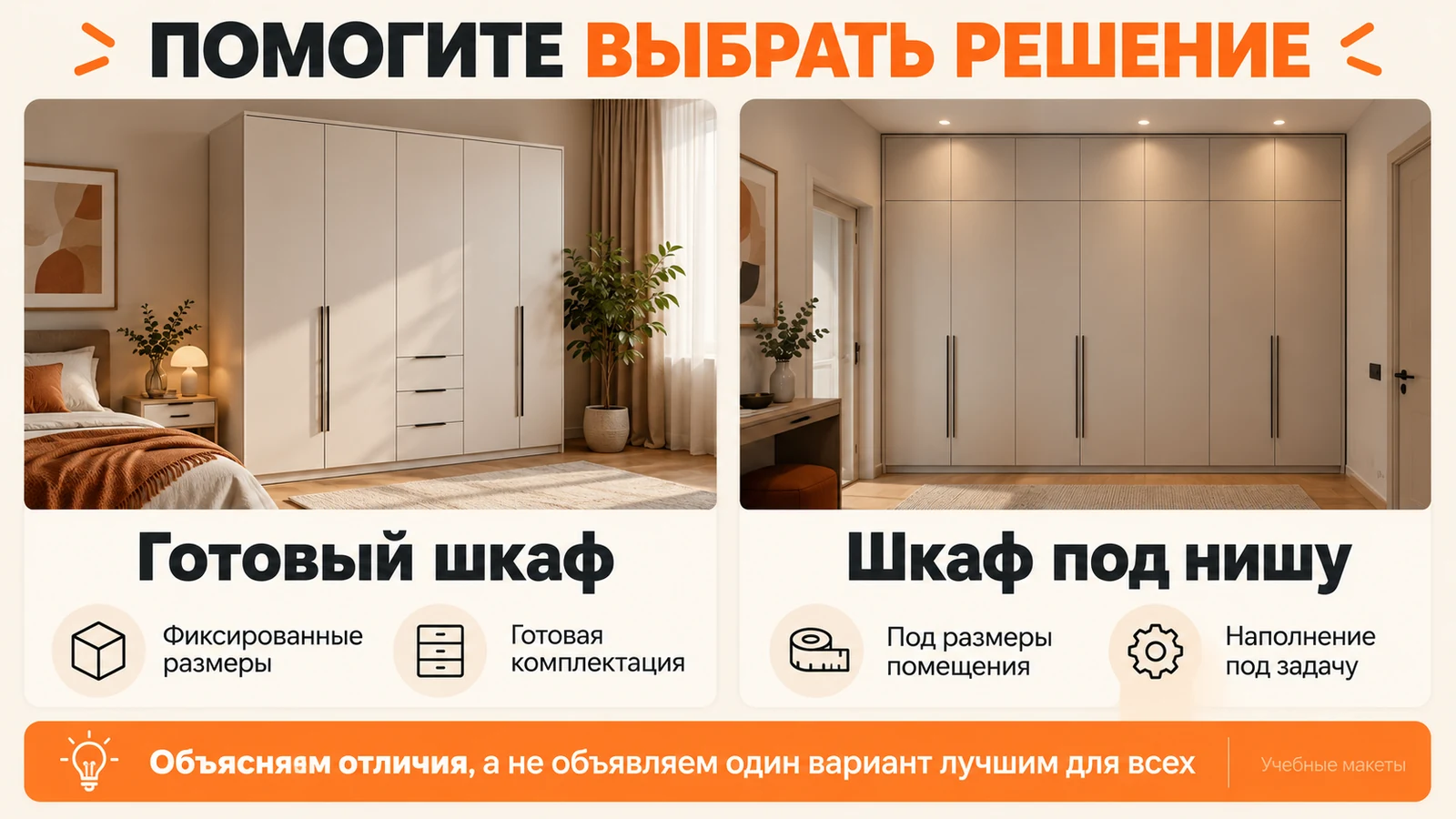 Учебное сравнение готового шкафа с фиксированной комплектацией и шкафа под размеры ниши